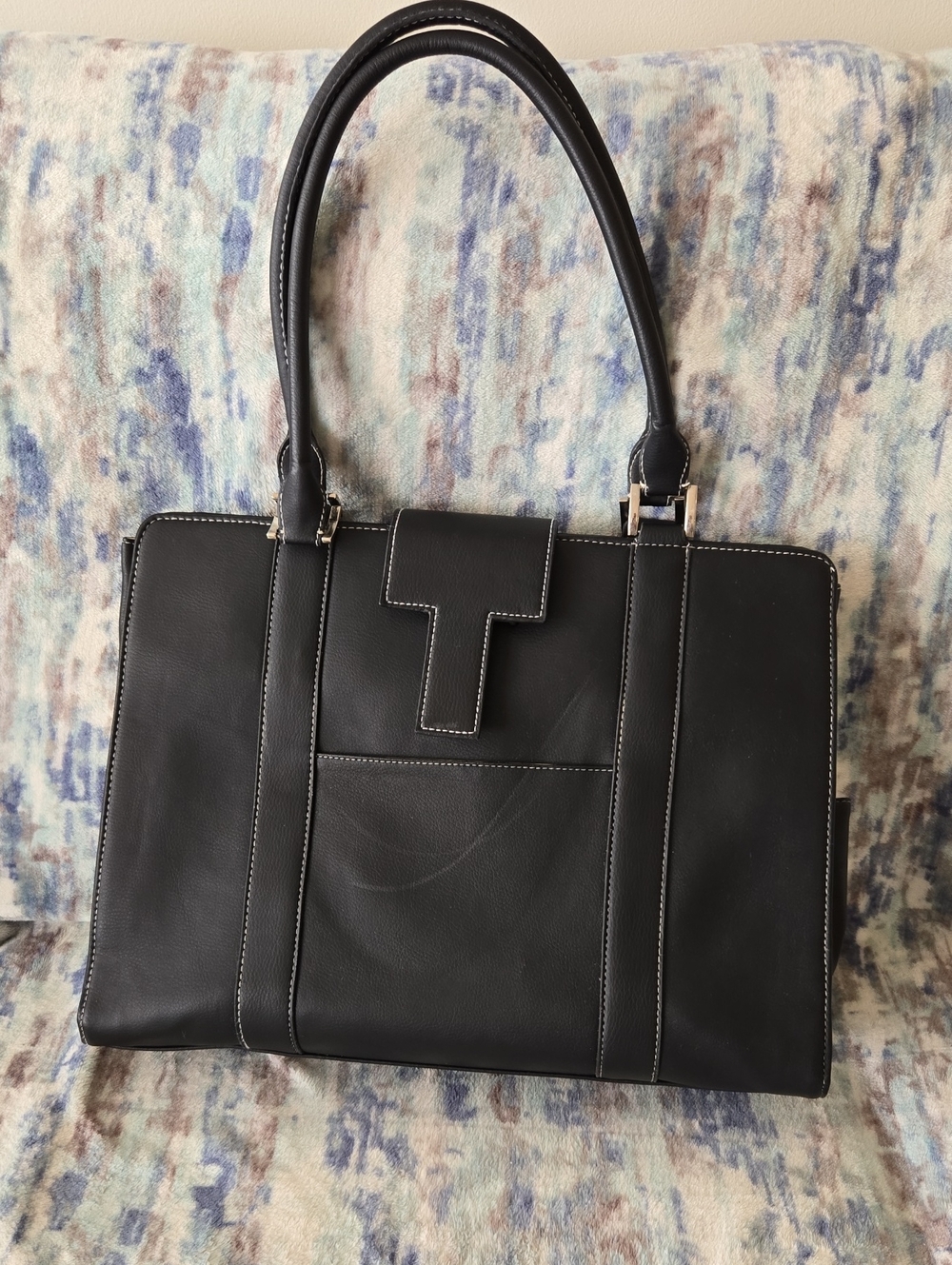Black Leather Laptop Shoulder Bag with Strap